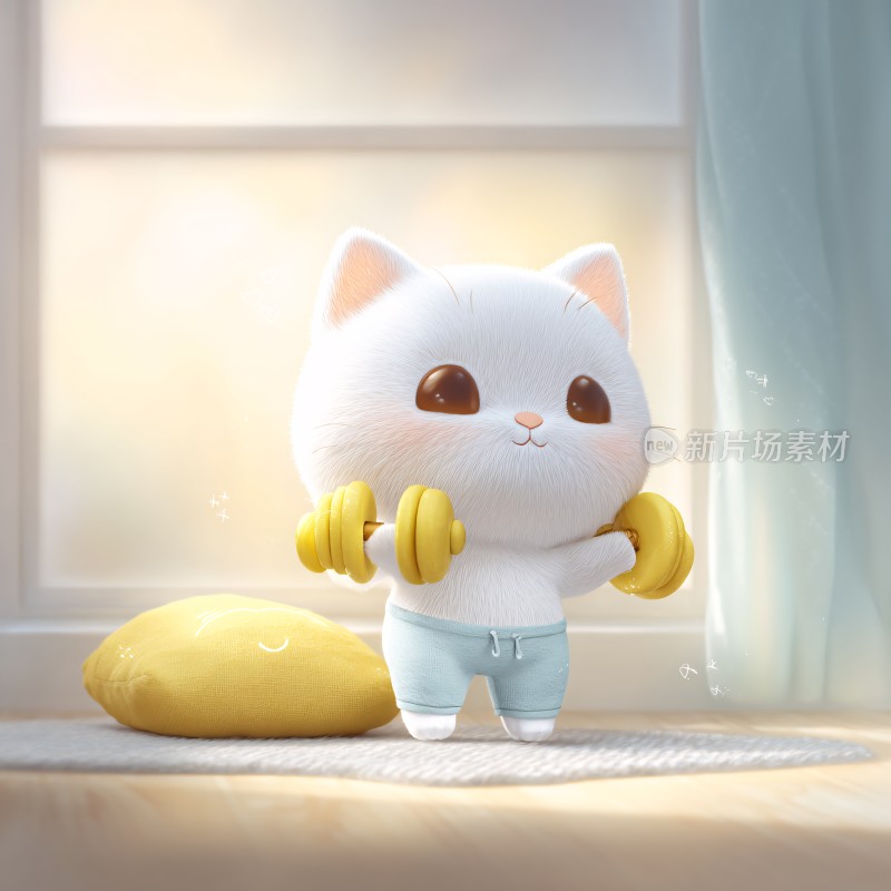 举哑铃的可爱小白猫
