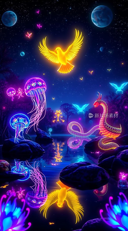 霓虹幻境梦幻生物与夜空奇遇