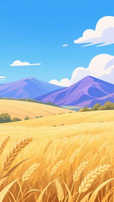 麦田与远山的插画风景 麦田与远山的插画风景
