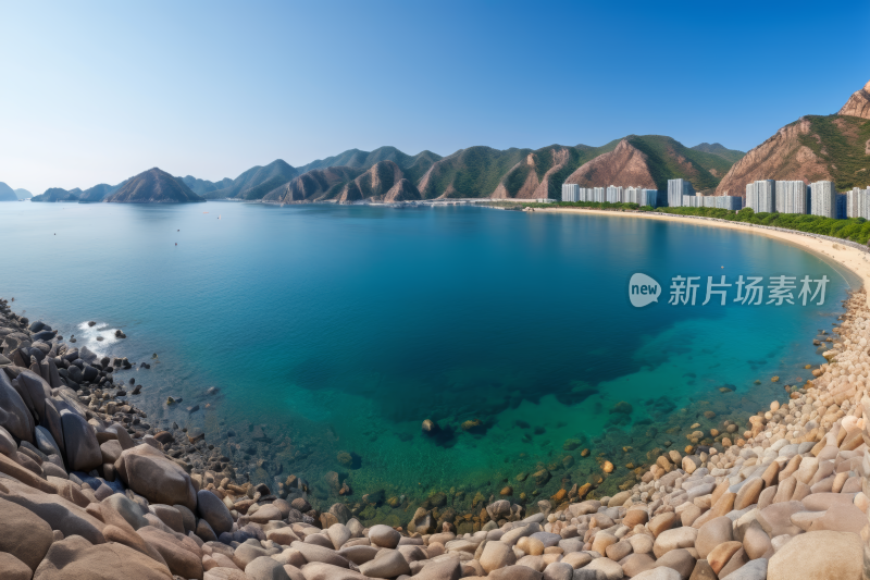 海滩上有水和山脉的景观高清风景风光图片