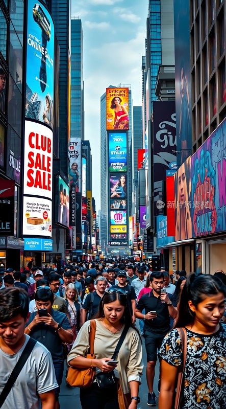 繁华都市街头人群熙攘广告牌林立色彩斑斓