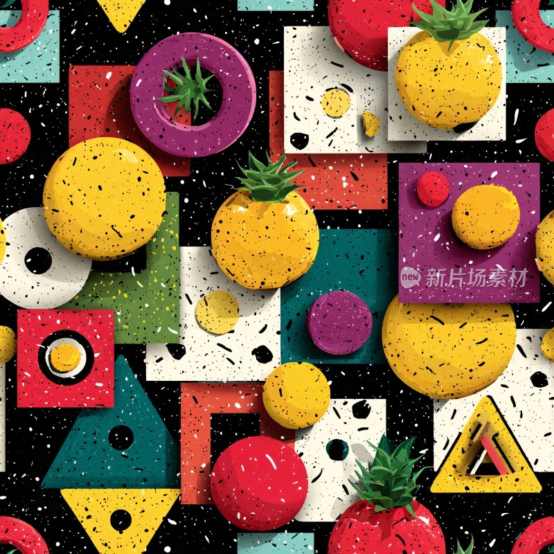 多彩几何与水果插画图案