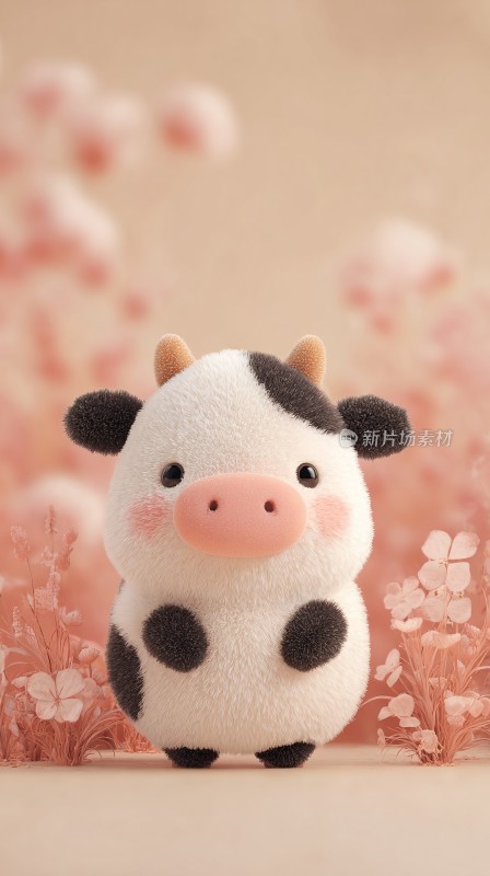可爱卡通小牛玩偶置身花丛