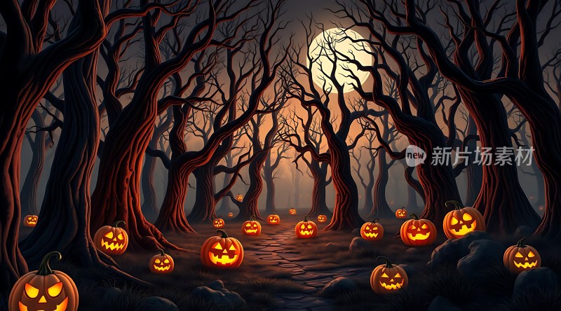 万圣节之夜南瓜灯与幽灵森林