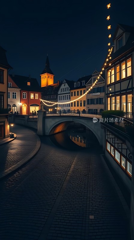 夜幕下的温馨小镇灯光闪烁的宁静街道