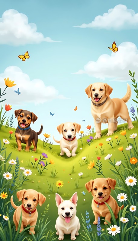 七只小狗在花丛中嬉戏玩耍