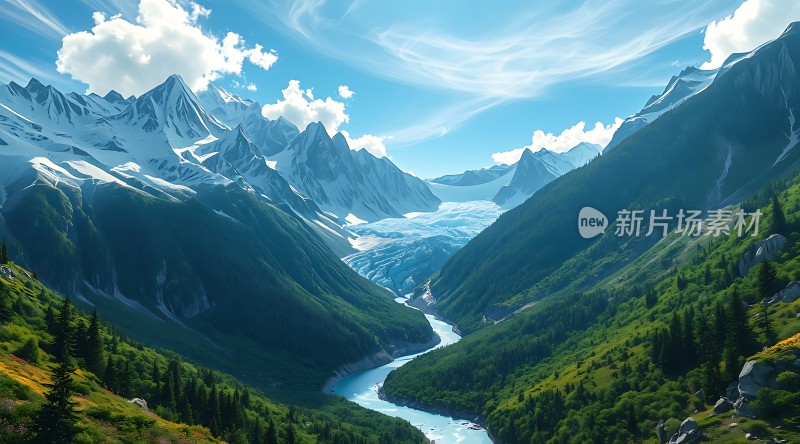 雪山绿谷冰川河流自然风光无限