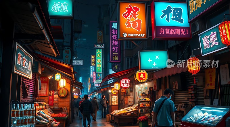 繁华夜市霓虹闪烁热闹非凡