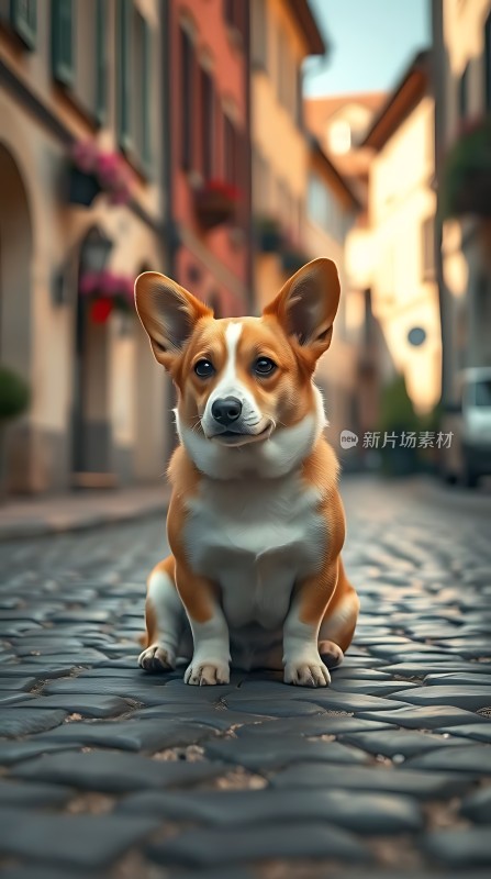 小镇街头的柯基犬