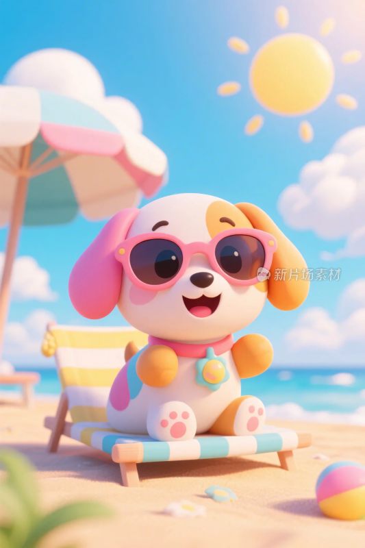 沙滩上戴墨镜的可爱小狗