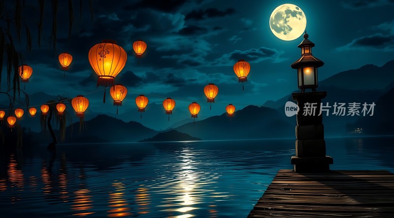 湖畔夜色灯笼映月