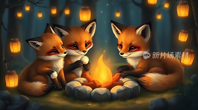 三只狐狸围火堆灯笼映照夜森林