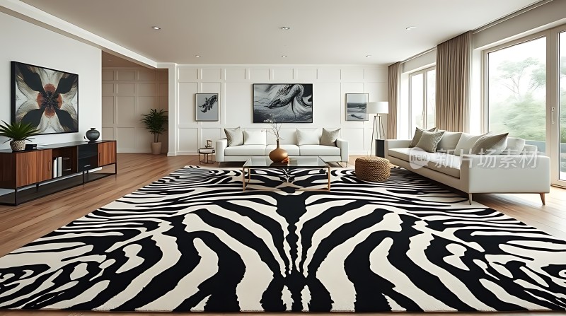 现代客厅黑白条纹地毯沙发简约装饰画
