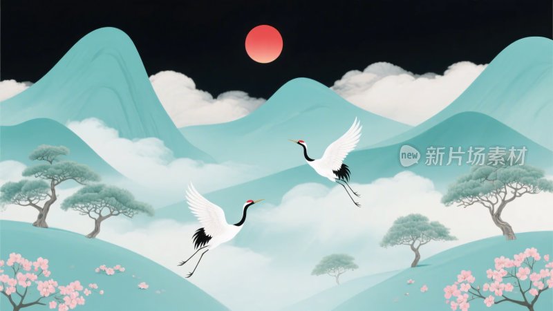 山水间双鹤伴月飞翔图景