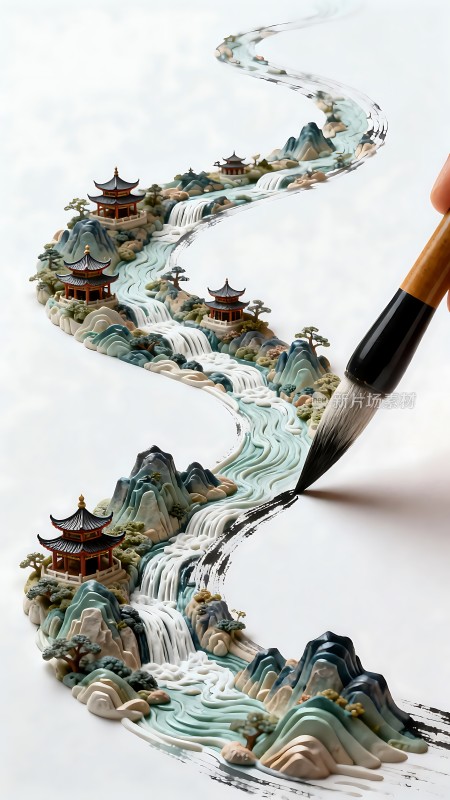 笔尖绘山水画中楼阁隐