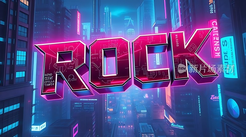 未来城市中的炫目霓虹文字“ROCK”