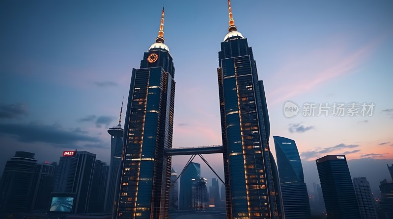 双塔摩天大楼夜景灯光璀璨城市天际线壮观