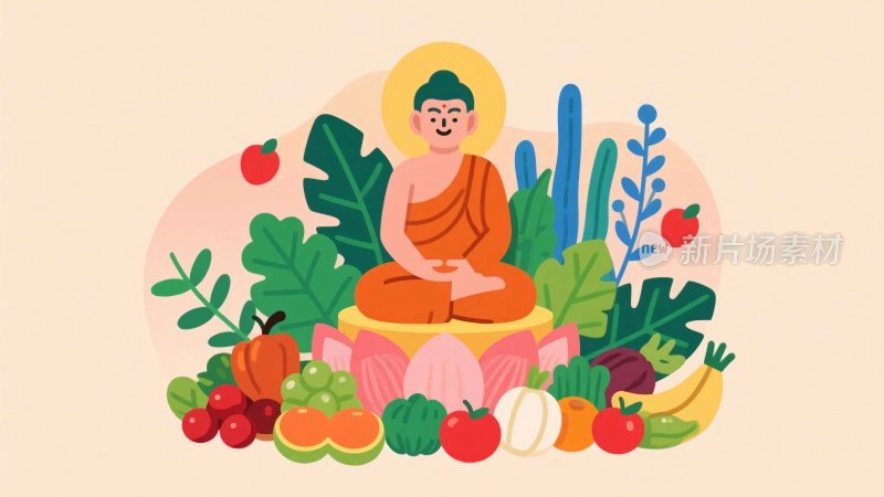 佛教插画菩萨与果蔬