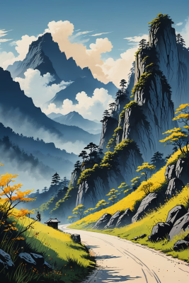 一条黄花山路一座高山清插画图片