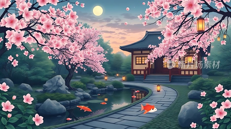 春夜月下樱花屋