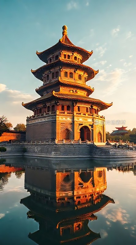 湖畔古塔映日辉