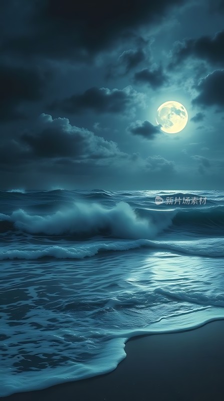 夜幕下的蓝色海洋与满月