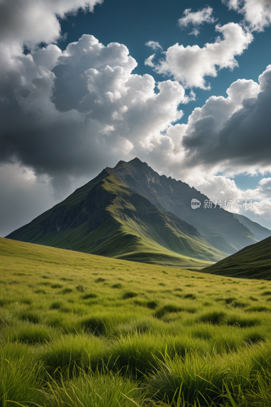 阴云密布的天空下群山的草地高清风景图片