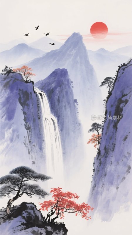 中式山水瀑布日出图景