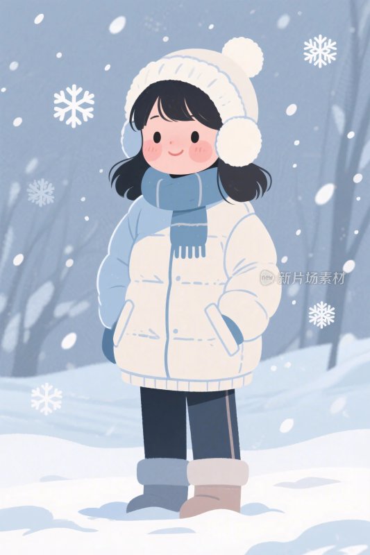 冬日雪地小女孩插画