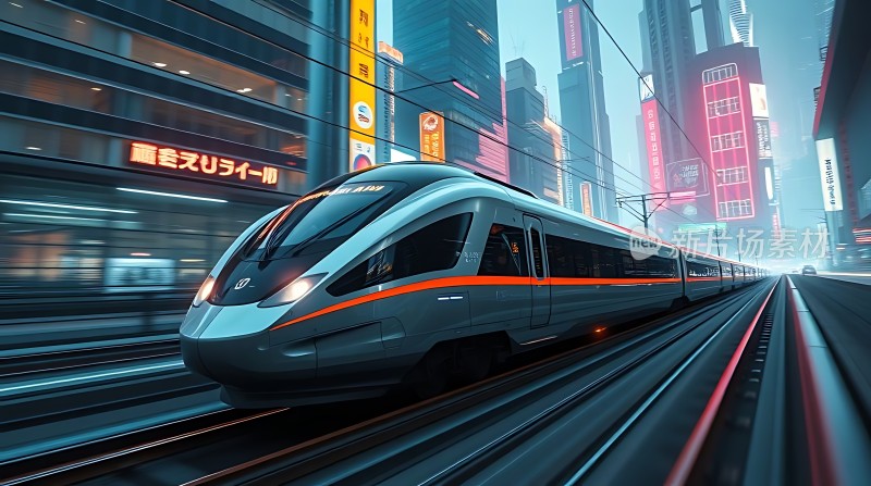 未来城市列车穿梭高楼之间
