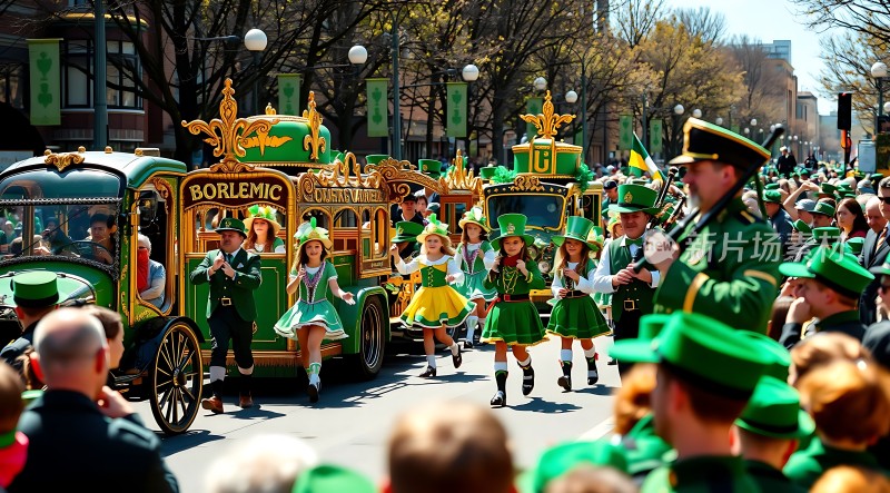 圣帕特里克节游行盛况绿意盎然欢庆节日氛围浓厚