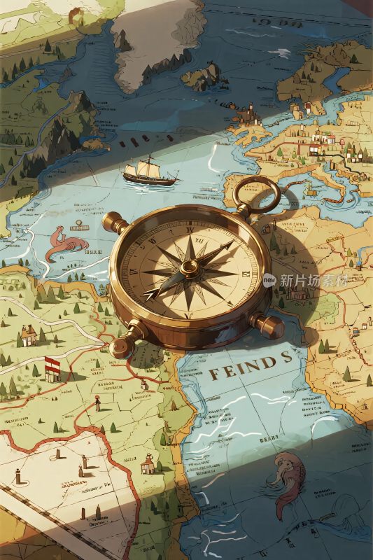复古地图指南针插画