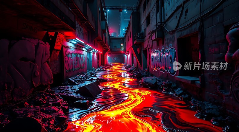 熔岩小巷霓虹与涂鸦的交织