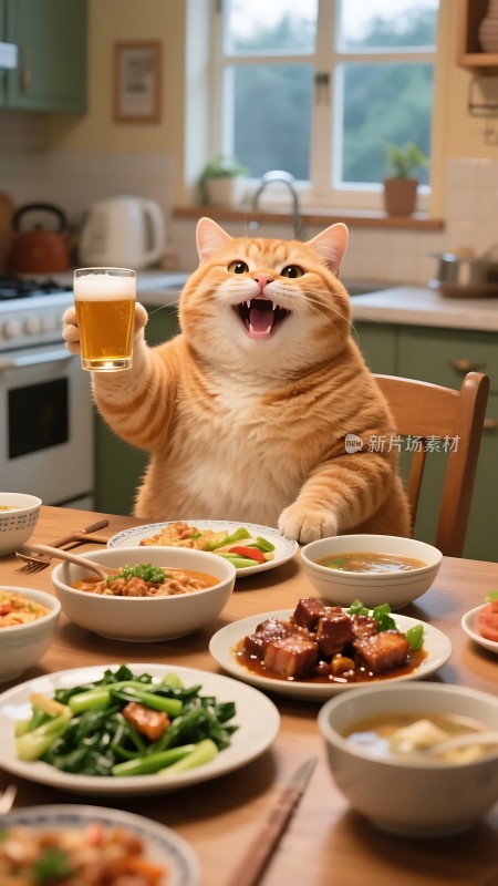 橘猫举杯祝酒美食佳肴满桌