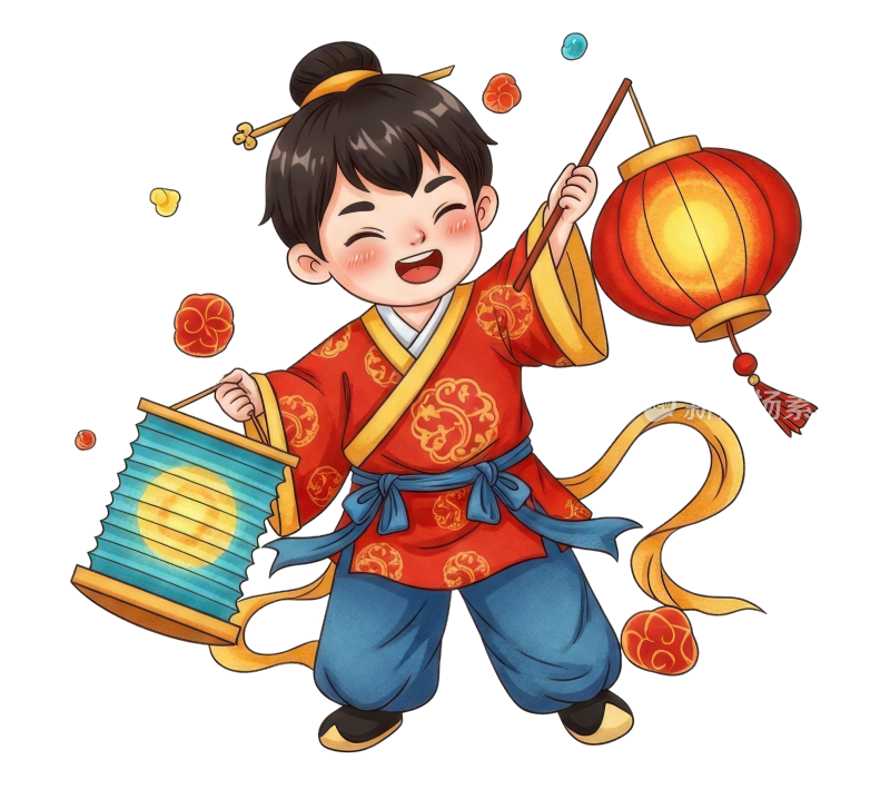 手持灯笼国潮儿童卡通插画元素