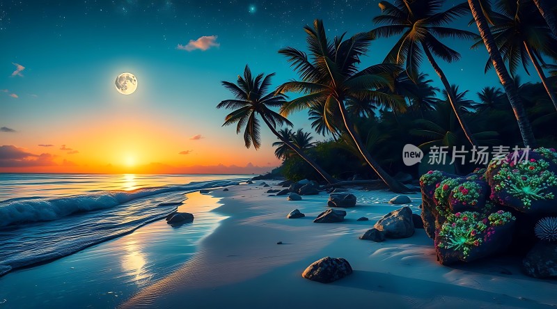 椰林月下海浪轻拍沙滩