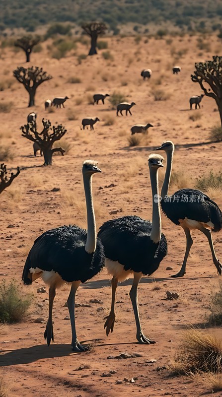 非洲大草原上的鸵鸟与羊群