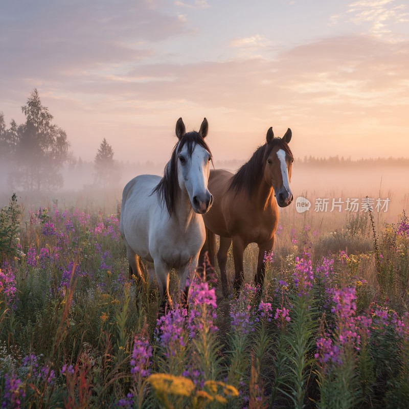 晨雾中花丛里的双马