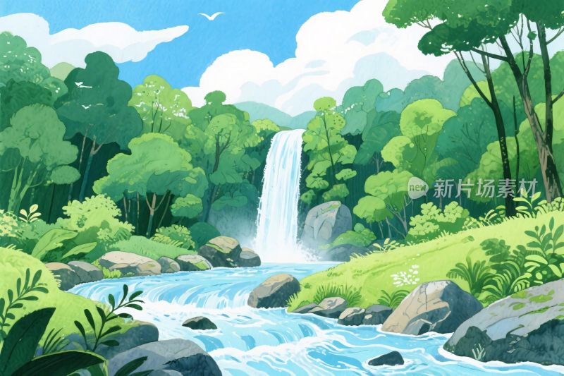 森林瀑布风景插画