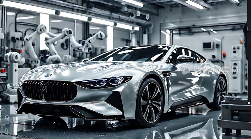 银色跑车在现代化工厂中展示