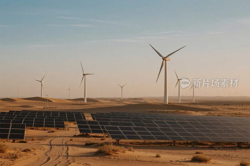 沙漠中的风电太阳能景观