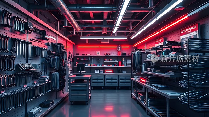工具仓库整齐排列的工具和设备红色灯光照亮工作区域