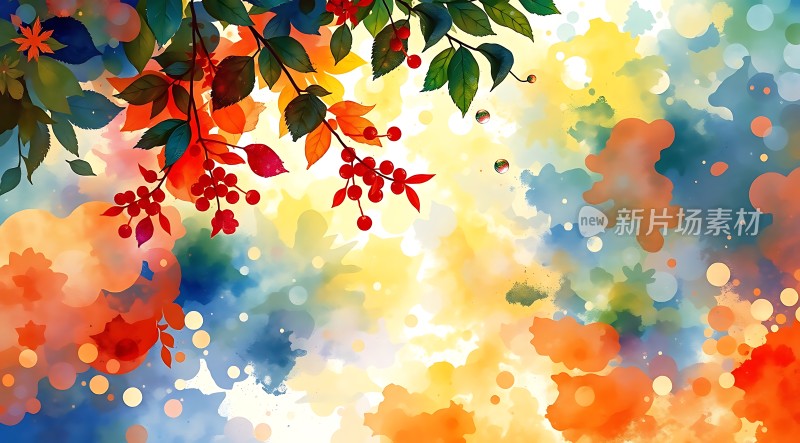 秋日绚烂色彩斑斓的树叶与果实