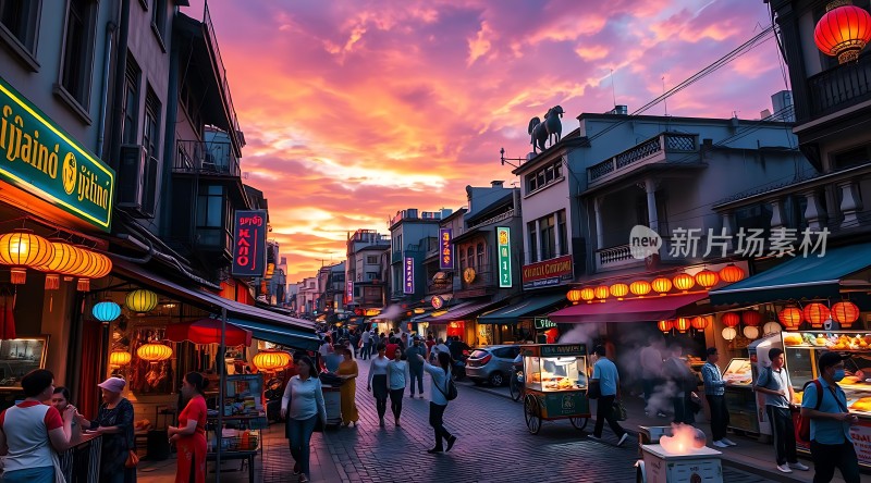 繁华夜市霓虹闪烁灯笼高悬人间烟火气浓烈