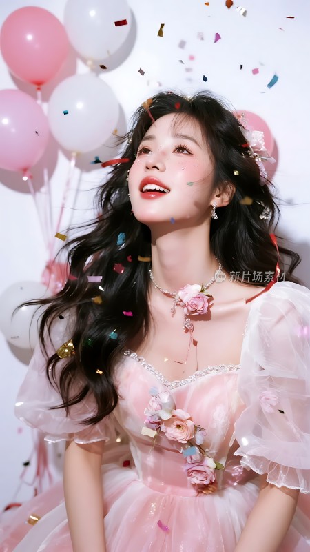粉色气球与花饰装点的优雅女孩