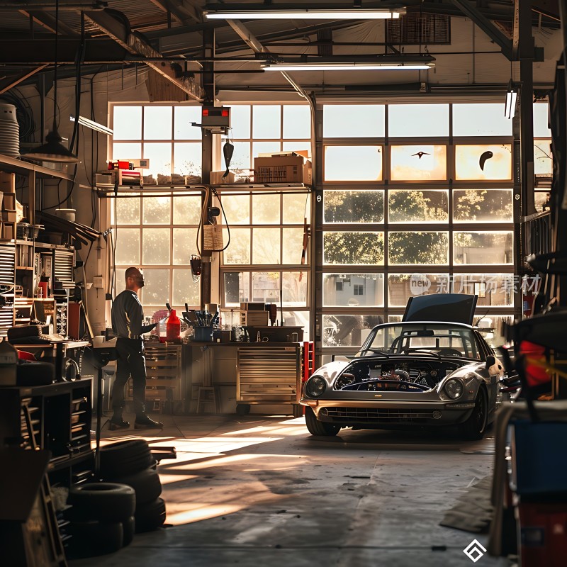 阳光下的车库复古汽车与工匠