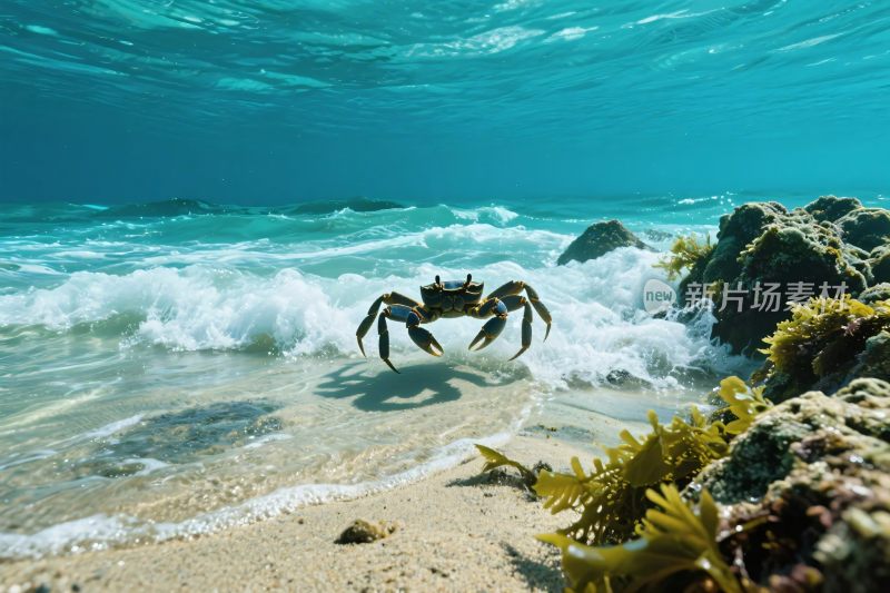 海滩螃蟹与海浪