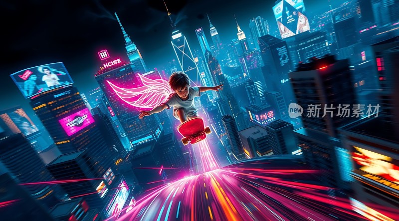 少年滑板飞跃霓虹城市