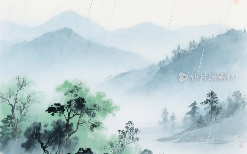 谷雨中国风山水插画