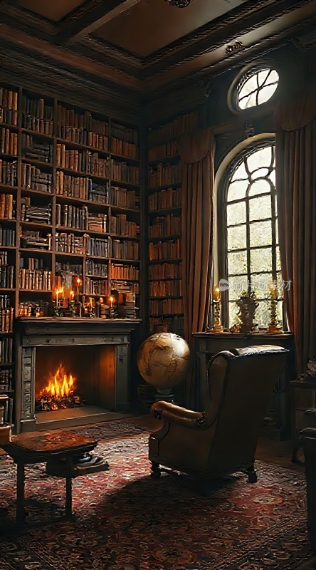 古董书架、壁炉与地球仪的古典书房